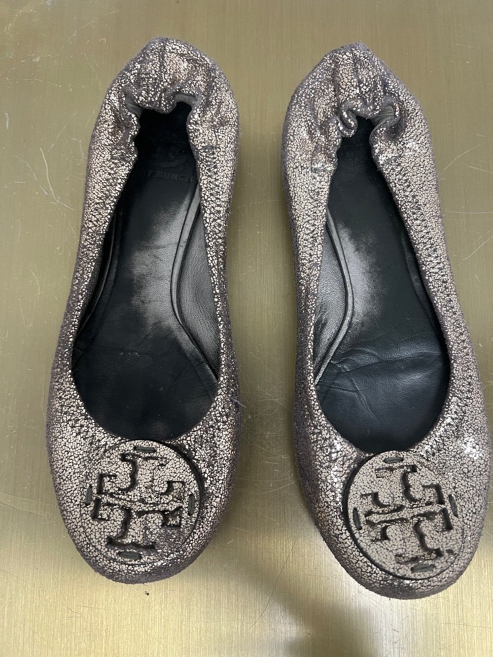 Tory Burch Metallic Pewter Logo Ballet Flats